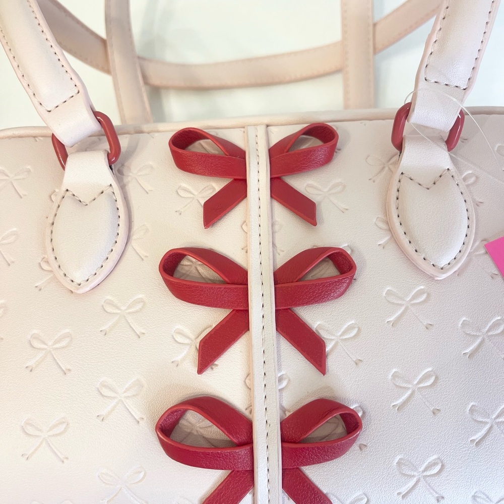 Betsey Johnson Pink Embossed Bow Satchel with Red Bows - Picture 7 of 11
